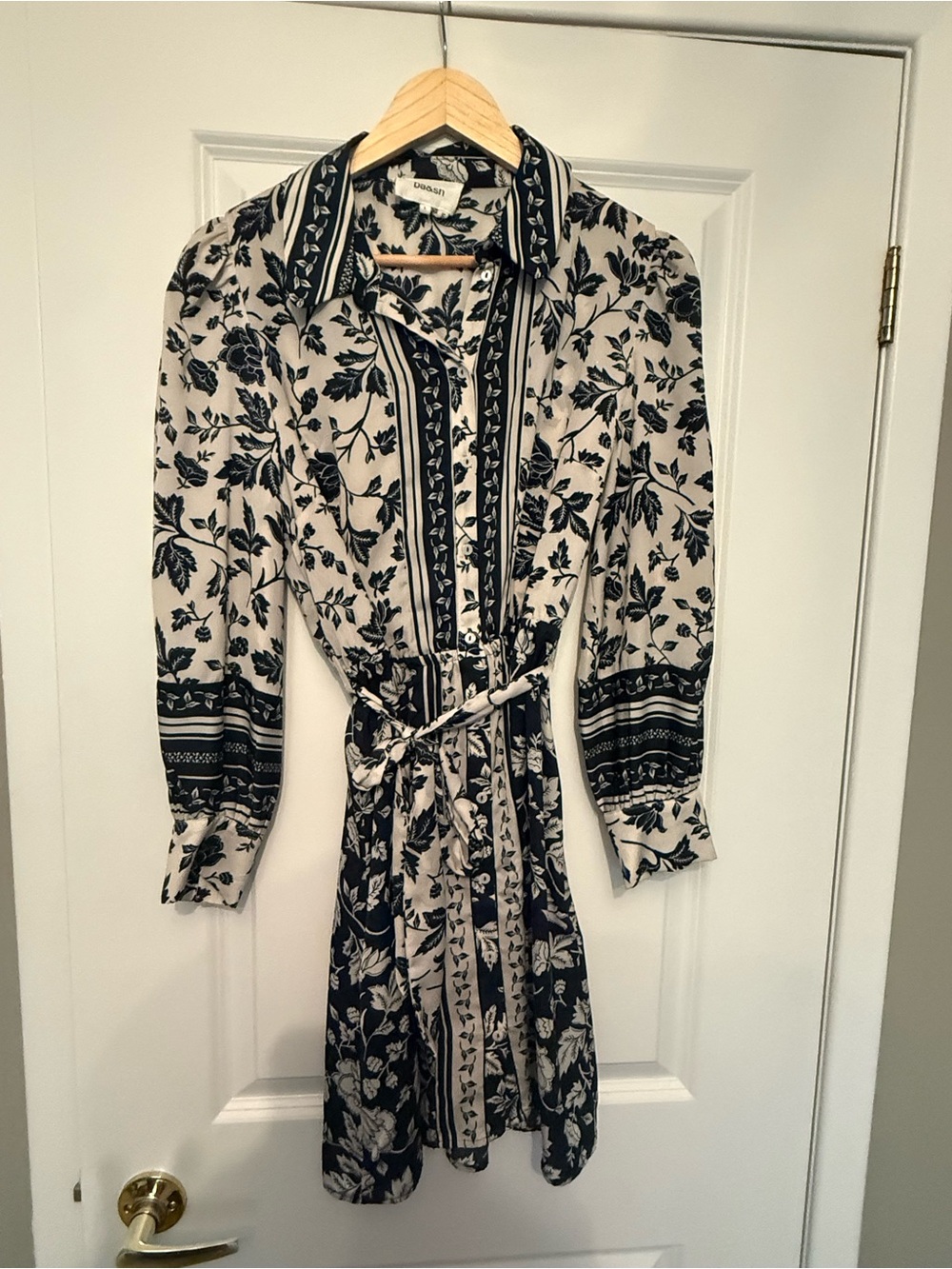 BA&SH floral silk Button-Front Shirt Dress in white and Black